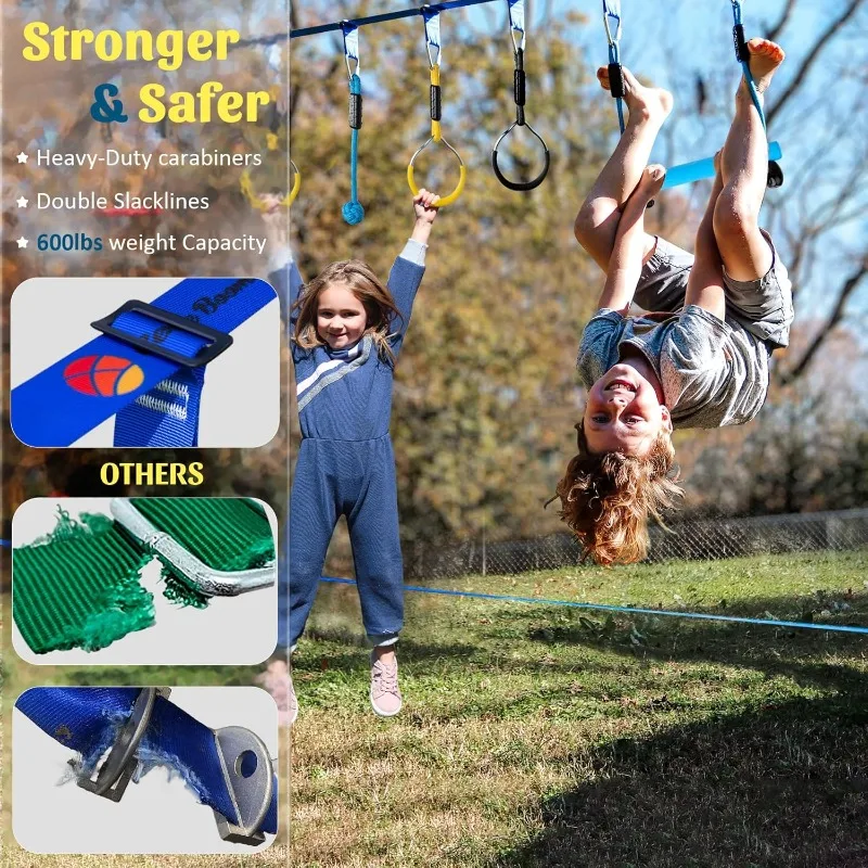 Obstacle Course for Kids, 2×56ft Slackline Kit with 8  Accessories - Monkey Bar, Rope Ladder, Gymnastic Ring, Arm Trainer