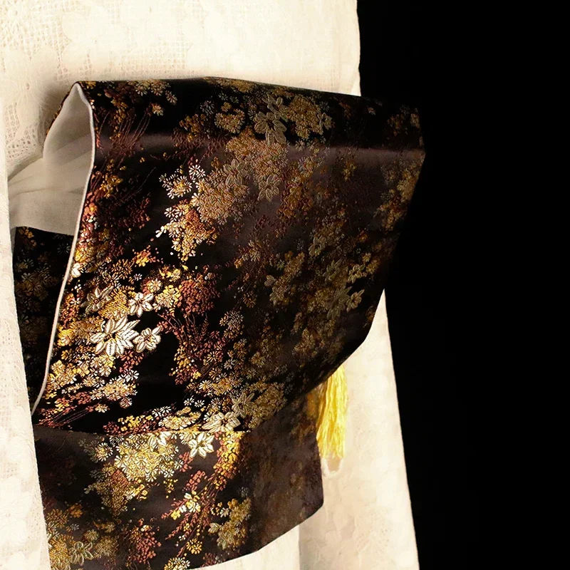 日本着物帯黒花柄プリント女性ユカタアクセサリービンテージスタイルドレス装飾ウエストバンドコスプレベルト