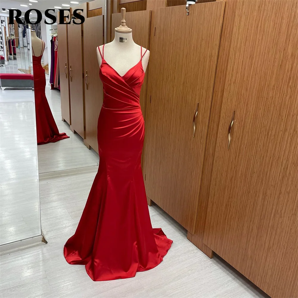 

ROSES Mermaid Sexy Chic Woman Evening Dress Gown Spaghetti Strap Ball Gown Stain Pleat Night Dresses Sleeveless robes de soirée