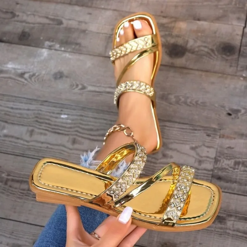 Bling Gold Slippers for Women Shoes Peep Toe Ladies Casual Slides Female Bling Shine Crystal Slippers Square Heel Shoes