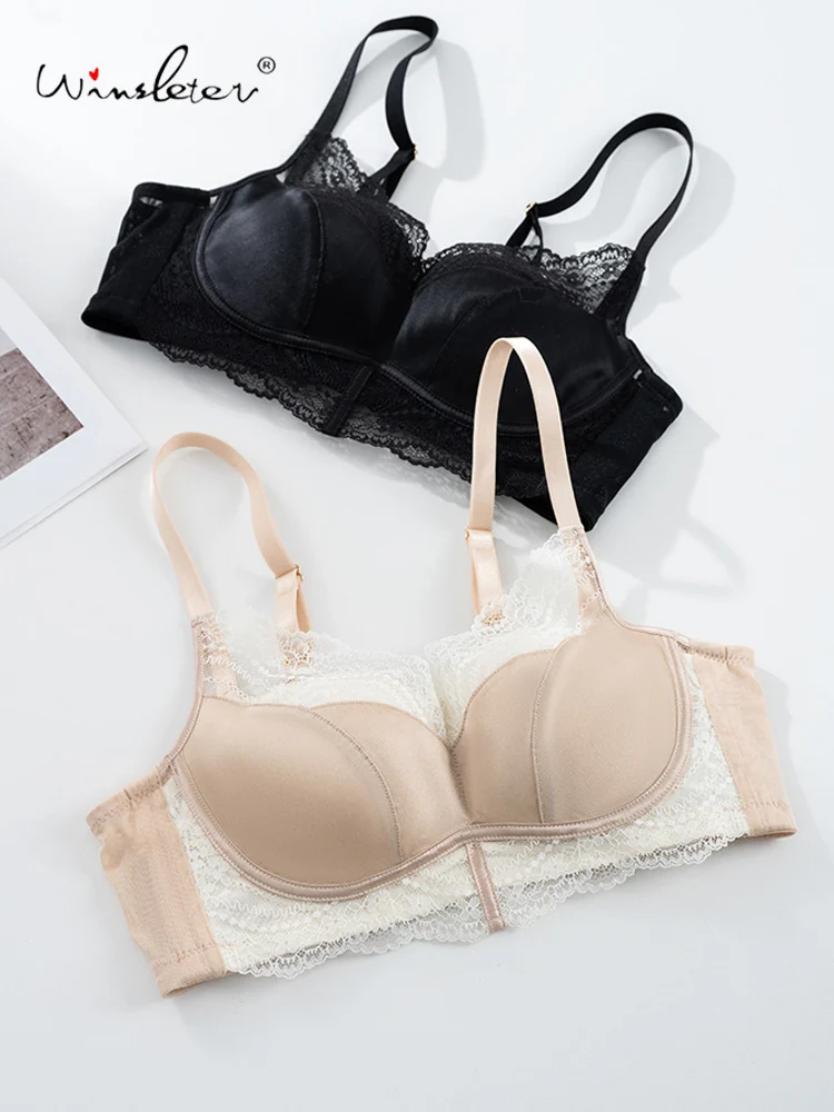 Winsleter-19MM 93%Silk 7%Elastane Sexy Bra, Wire Free Lace, Women French Breathable Thin Gather Underwear, 2026 Spring P61242CC