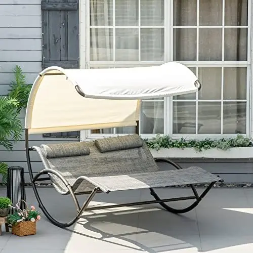 Outdoor Double Chaise Rocking Chair with Canopy Shade Light Gray | Day Bed Sun Lounger, Headrest Pillow, Armrests, for