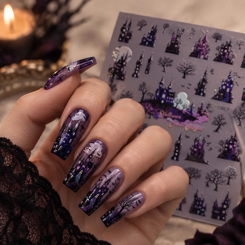 5D Embossed Spider Web Castle Nail Sticker Halloween Spooky Professional Adhesive Nail Decal for Nail Salon Artists Manicure Use