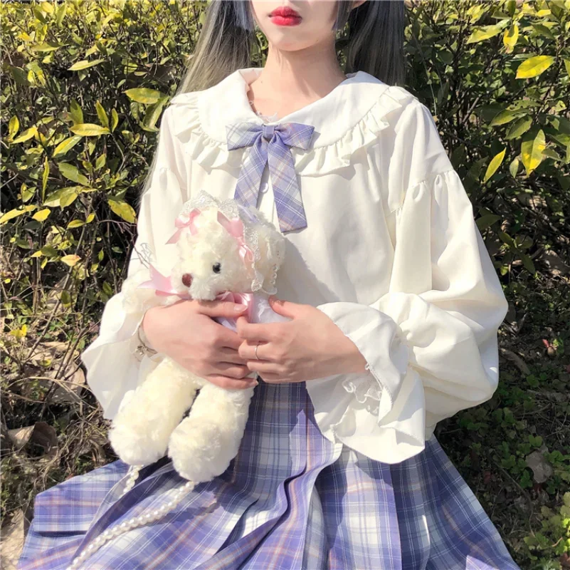 Japanese Sweet Peter Pan Collor Ruffle Edge Lolita Flared Sleeve Shirt Student JK Uniform Autumn Winter New Blouses Y2k Top