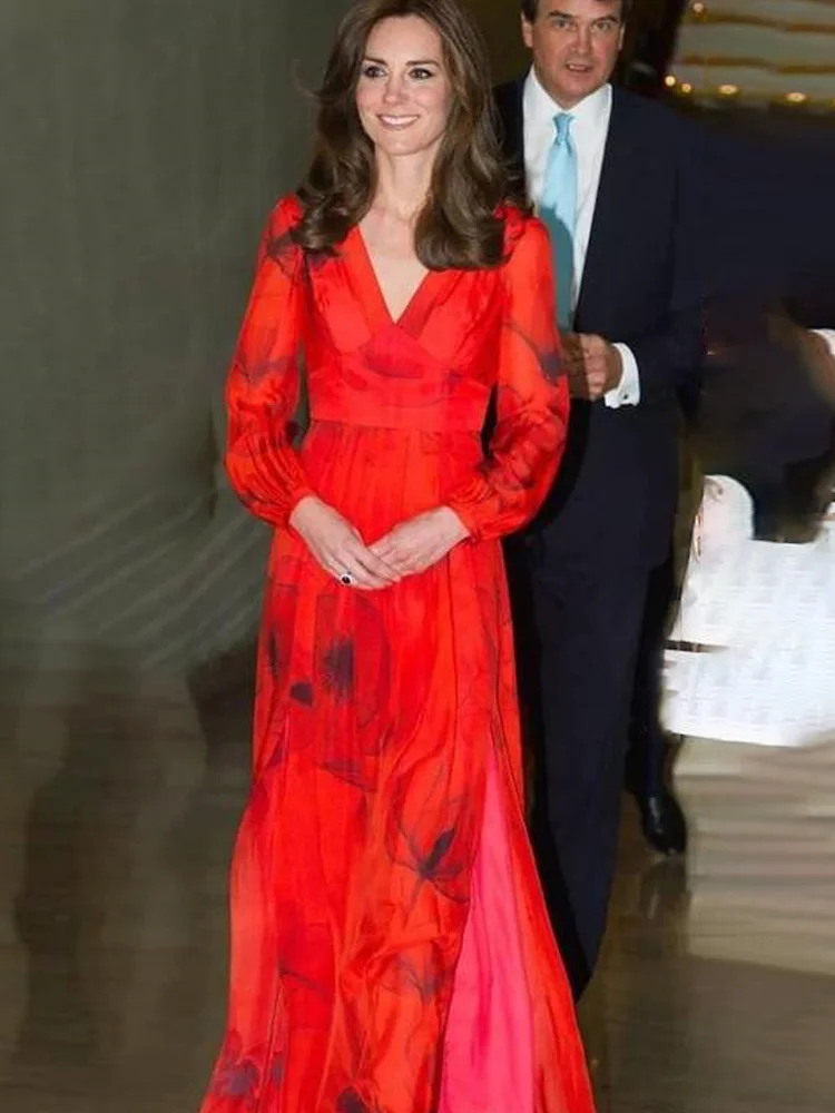 

Kate Princess High Quality New Autumn Female Red Printed Unique Sexy Celebrity Gentlewoman Runway Elegant Casual Party Long Dres