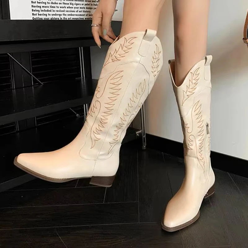 

Krazing Pot Cow Leather Chic Round Toe Low Heels Winter Keep Warm Riding Boots Ethnic Fashion Style Embroidery Knee High Boots