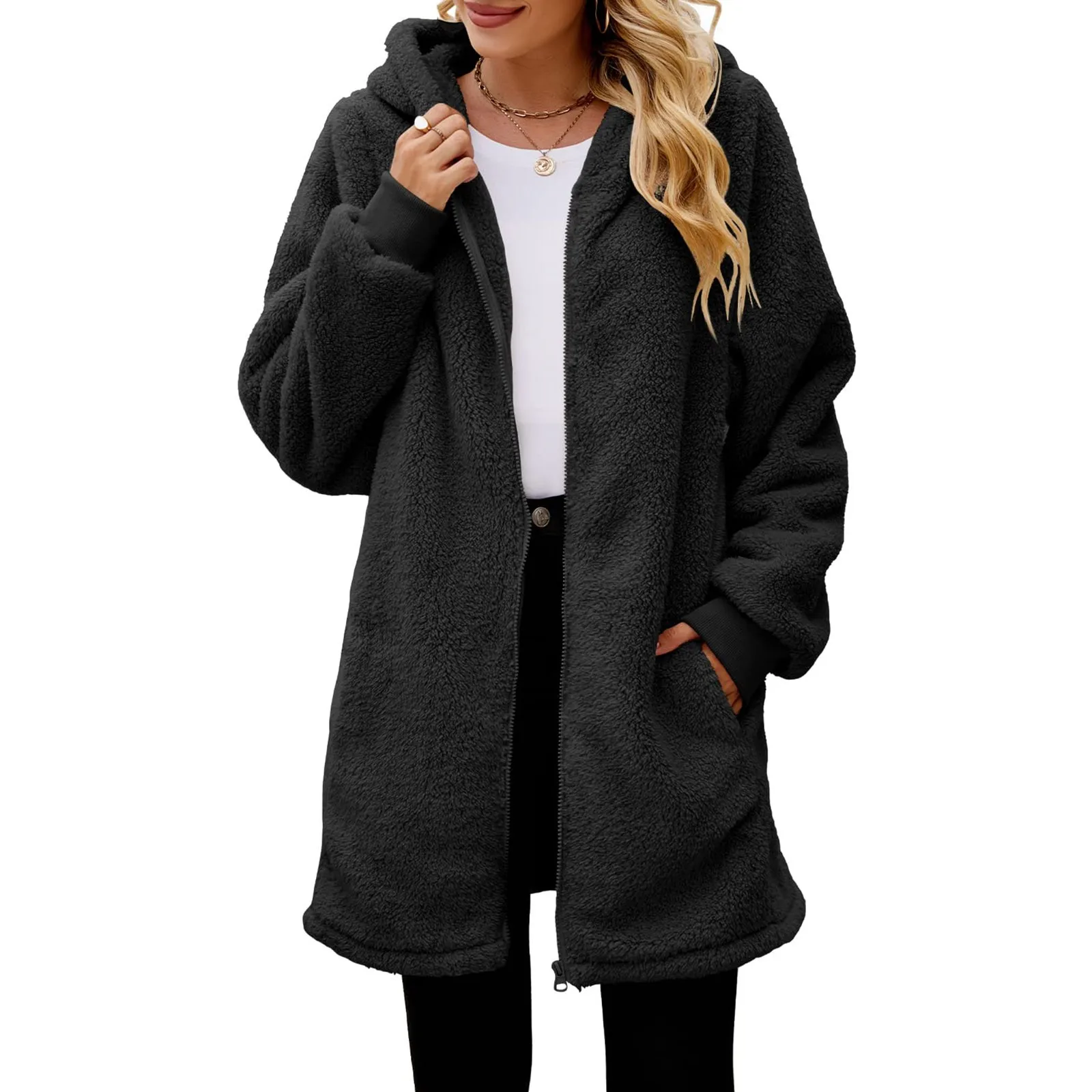 Women\'s Oversized Plush Jacket Solid Color Zippers Hooded Streetwear Cardigan Autumn And Winter Fleece Outerwear For Women 2024