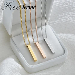 Freeteeme Hot Punk 3D Bar Pendant Necklace for Men Women Stainless Steel Box Chain Rectangle Blank Column Pendant Necklace Gift