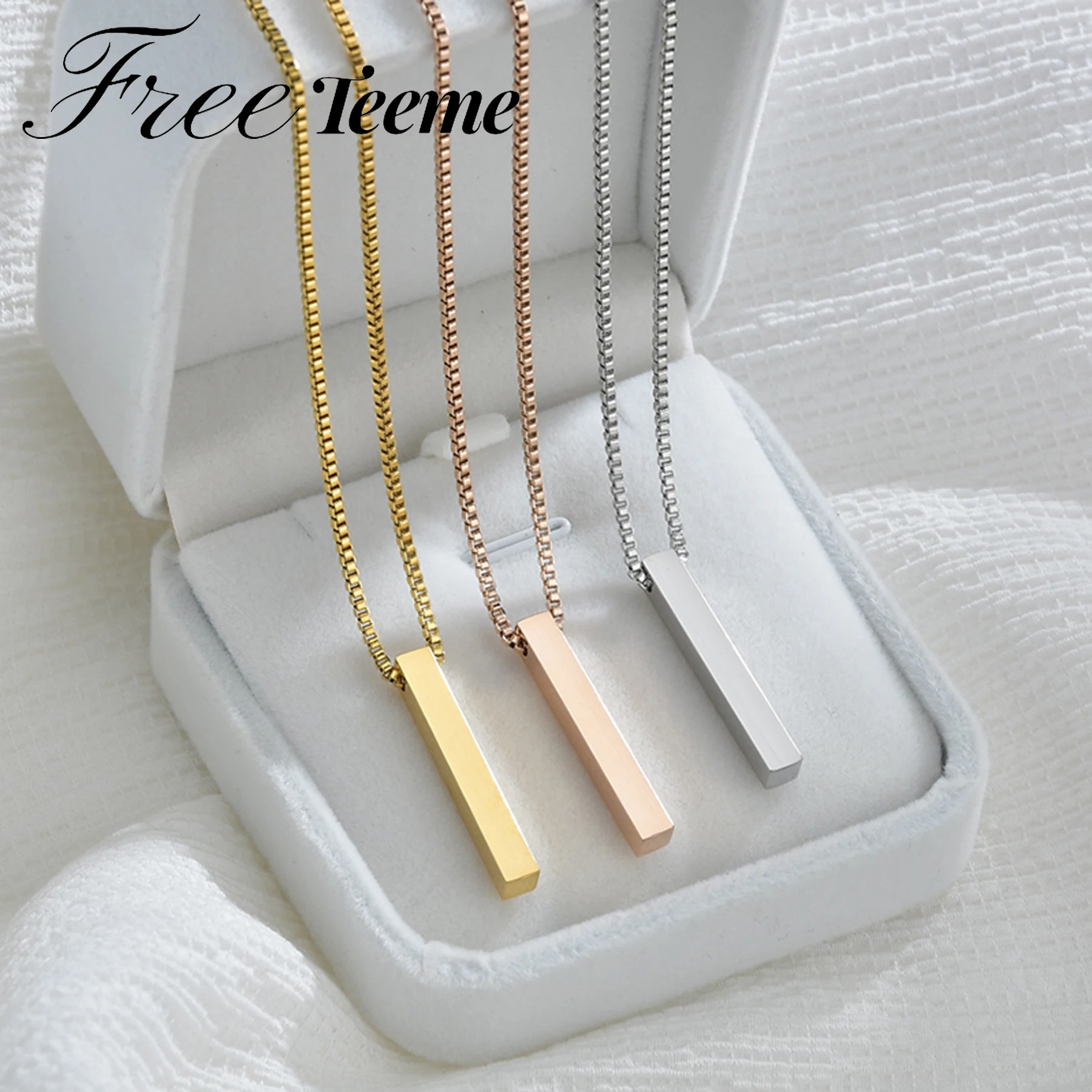 Freeteeme Hot Punk 3D Bar Pendant Necklace for Men Women Stainless Steel Box Chain Rectangle Blank Column Pendant Necklace  Gift
