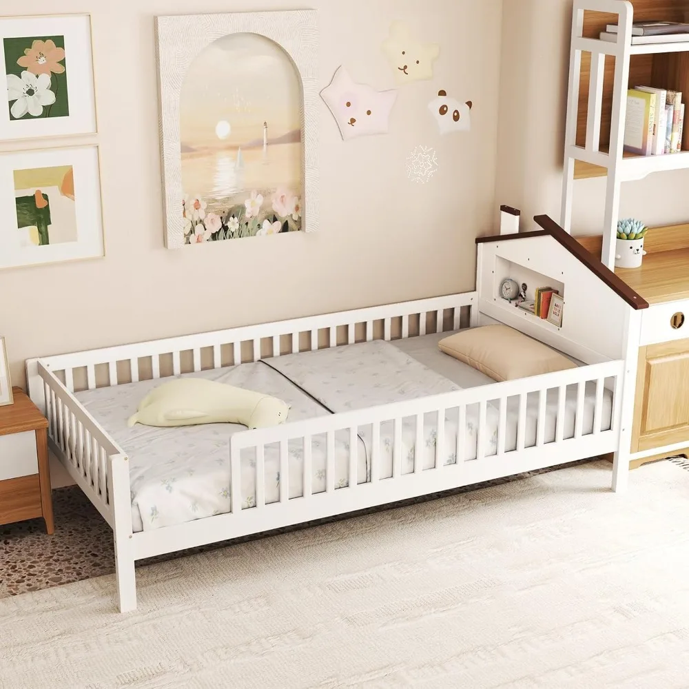 Giantex Twin Kids Bed Frame Solid Wood Montessori Bed With Guardrails House Shaped Headboard Built In Storage No Box Spring