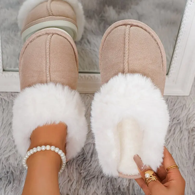 2024 Winter Warm Flat Fur Slippers Women Faux Suede Fluffy Furry Home Slides Woman Comfort Non Slip Indoor Floor Cotton Shoes