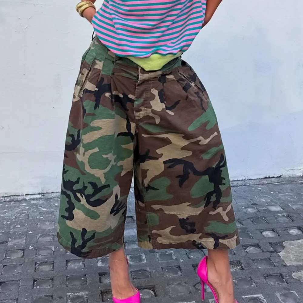 

Knee Length Pant Women Vintage Camouflage Pants High Waist Straight Trousers Y2k Streetwear Elegant Splice Work Casual Loose