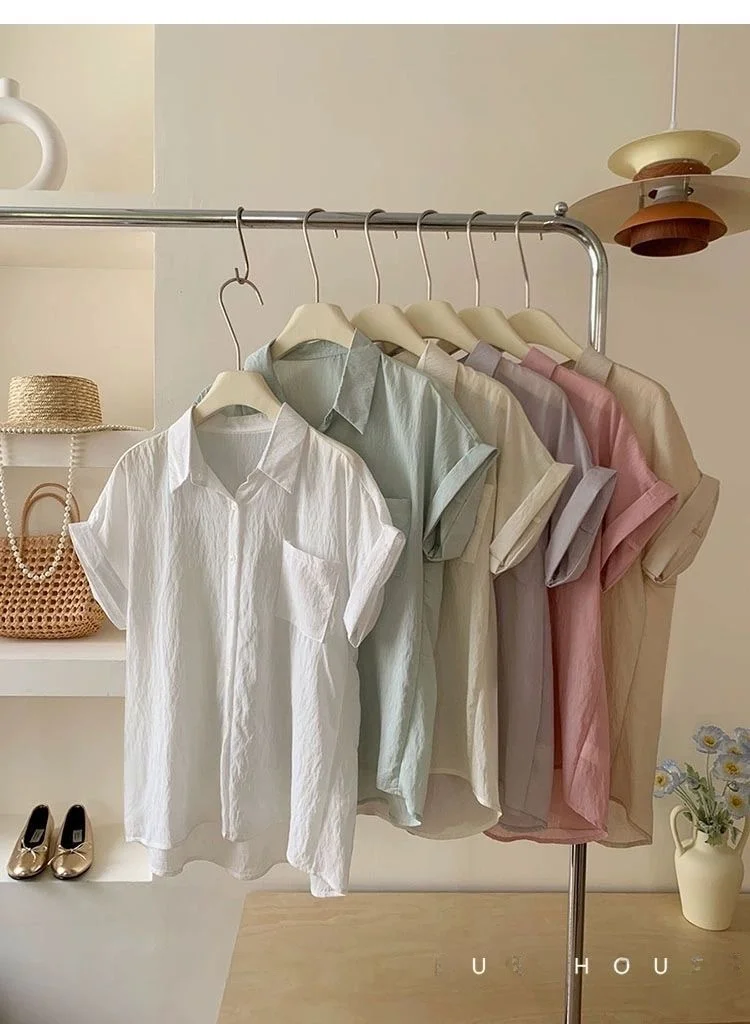 

Fre White Mint een Cuffed ort Sve irt Women Summer Thin Casual Sli Simple Matchable Blouse Top