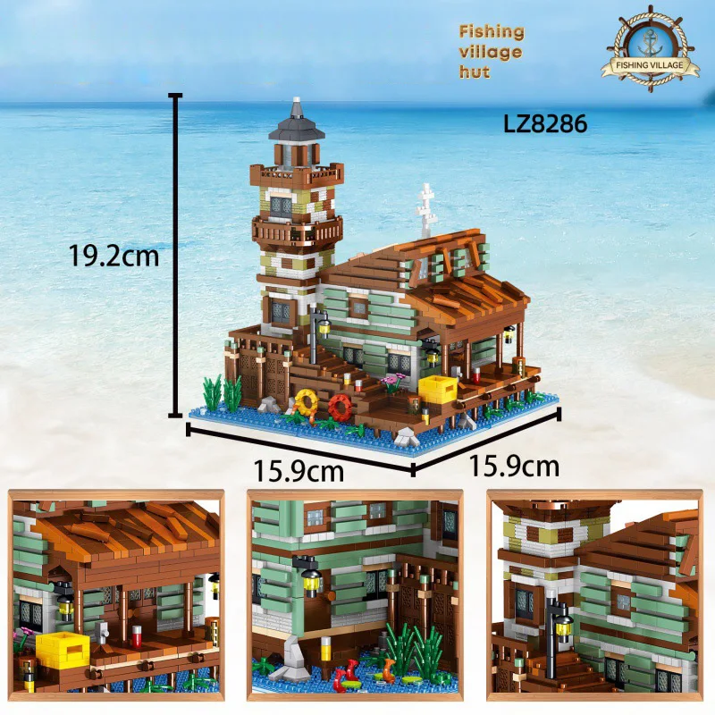 Idéia vista de rua arquitetura pesca aldeia cabana micro diamante bloco modelo conjuntos construir tijolo brinquedo de construção nanobrick para presente