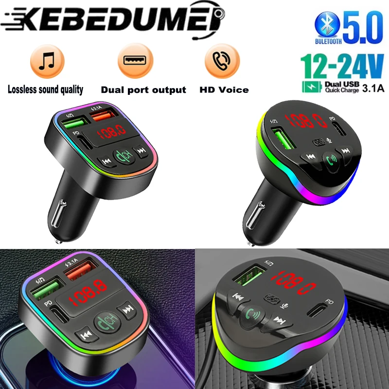 Kebidumei Car Bluetooth 5.0 FM Transmitter PD Type-C Dual USB 3.1A Colorful Ambient Light Handsfree MP3 Modulator Player