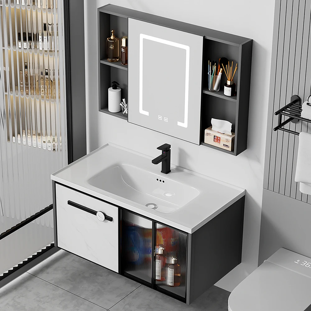 Modern wall-mounted vanity aluminium bathroom cabinet with smart mirror ceramic countertop and hotel washbasin
