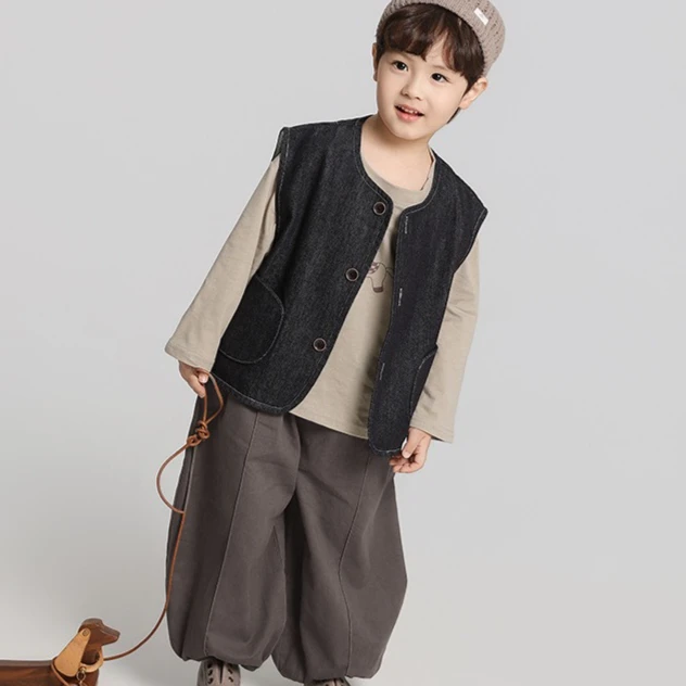 Boys Waistcoat 2026 Spring Summer New Childrens Clothing Korean Style Boys and Girls Washed Letters Embroidered Cowboy Waistcoat