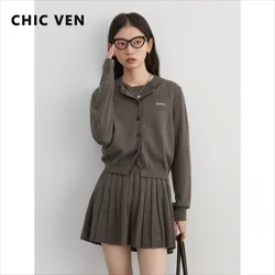 CHIC VEN-Conjunto de tres piezas para mujer, cárdigan de punto liso, Top de manga corta, Falda plisada opcional, primavera y otoño, 2024