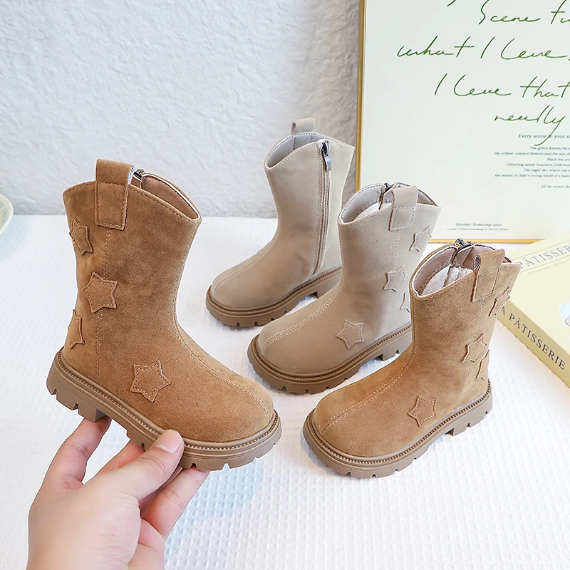Little Girls Platform Leather Boots with Starts 2025 New Winter Kids Plush Lining Boots Non-slip Classic Retro Style Party Boots