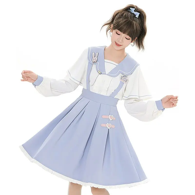 

2025 New Casual Japanese Korean Lolita Kawaii Preppy Shirt+streetwear Women Cute Sweet Style Student Strap Dresses Two-piece Set