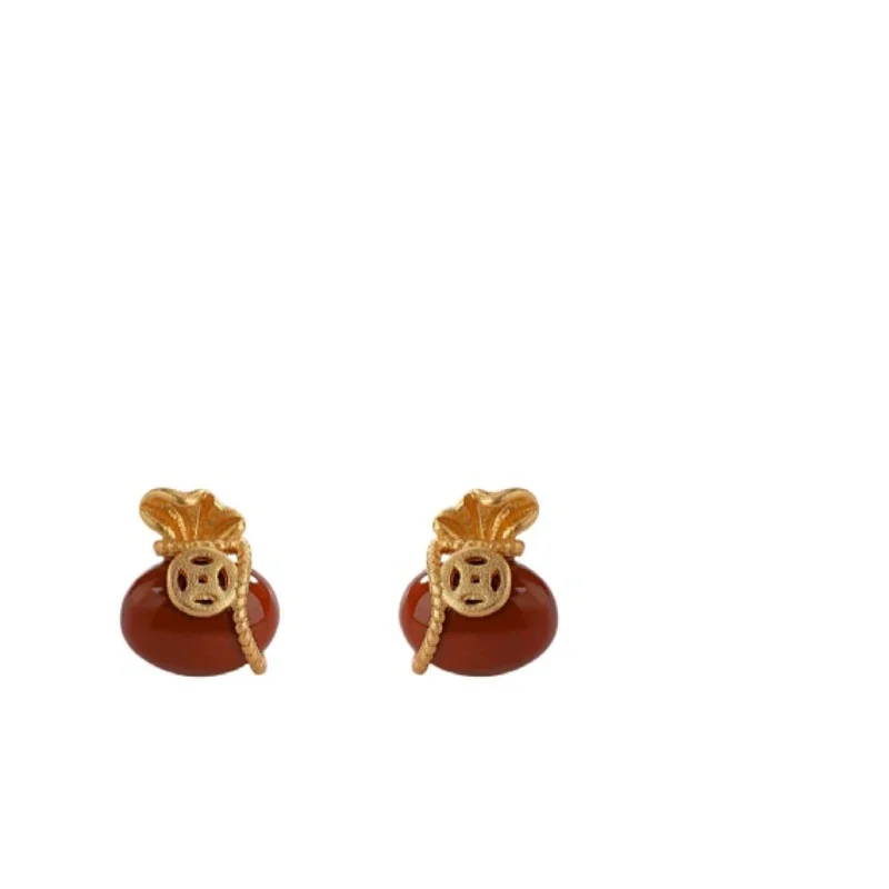 

Lucky Bag Nanhong Agate 925 Sterling Silver Gold-plated Versatile Temperament Earrings New Chinese Female Antique Silver Jewelr