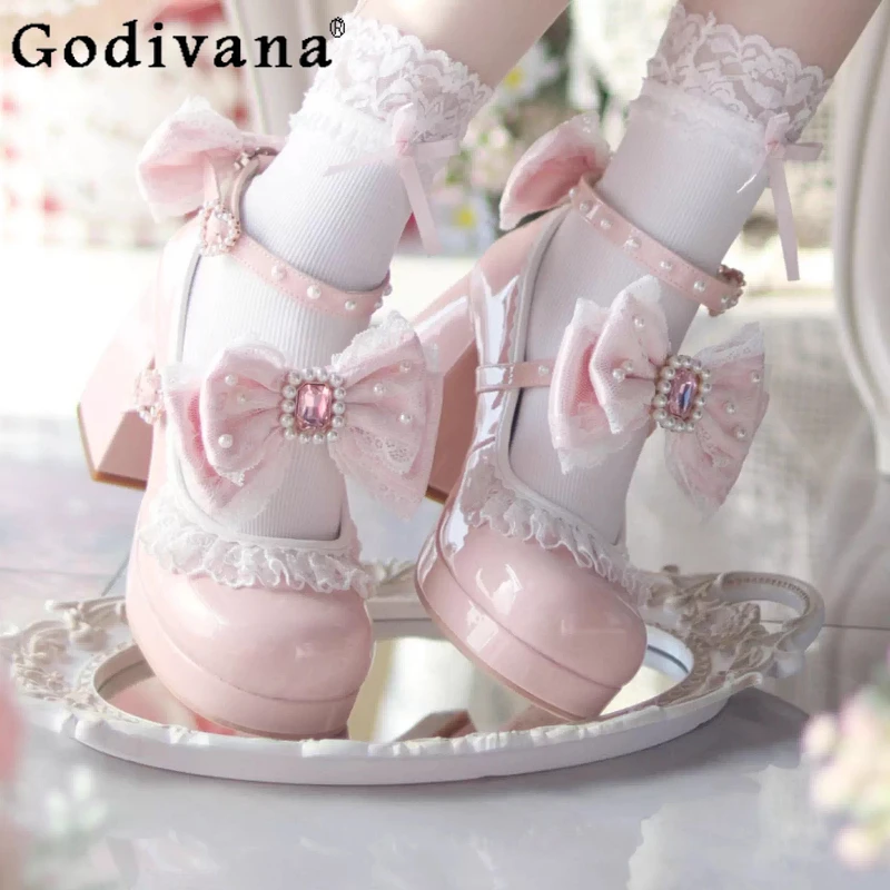 

Original Pink Lolita High Heels Girl's Sweet Bow Elegant Y2k Mary Jane Shoes Spring and Autumn Women's Lo Cos Platform Shoes