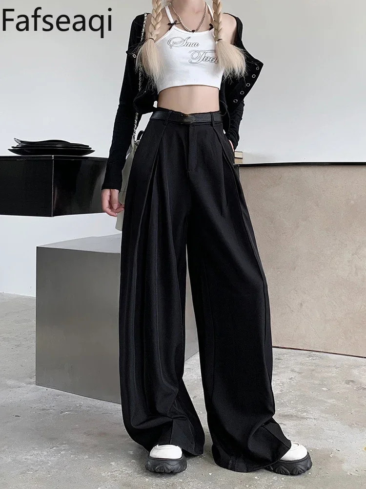 Khaki Wide Leg Trousers for Women 2024 Autumn High Waist Loose Draped Full Pants with Folds Baggy Women's Straight Suit Pants