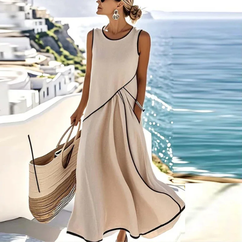 Summer Women Maxi Dress Boho O Neck Sleeveless Beach Holiday Dress Women Casual Loose Pocket Party Long Dress Boho Robe