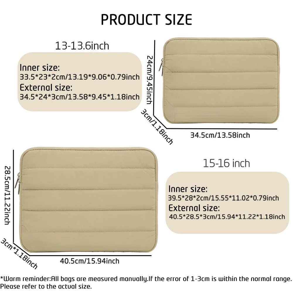 Puffy Quilted Laptop Sleeve 13.6/15.6 16 Inch Shockproof Notebook Bag Compatible With MacBook Dell Lenovo HP Huawei Laptop Case