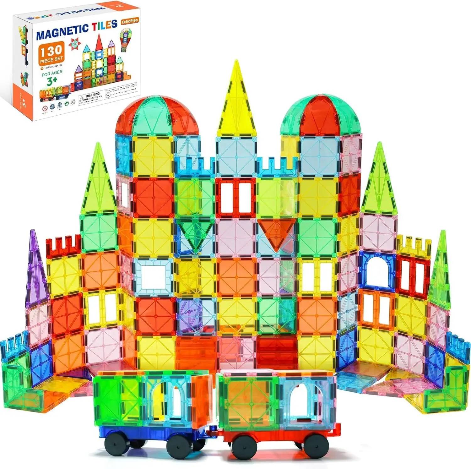 

130PCS Magnetic Building Blocks with Cars, Clear 3D STEM Educational Toy for Kids Ages 3-9+