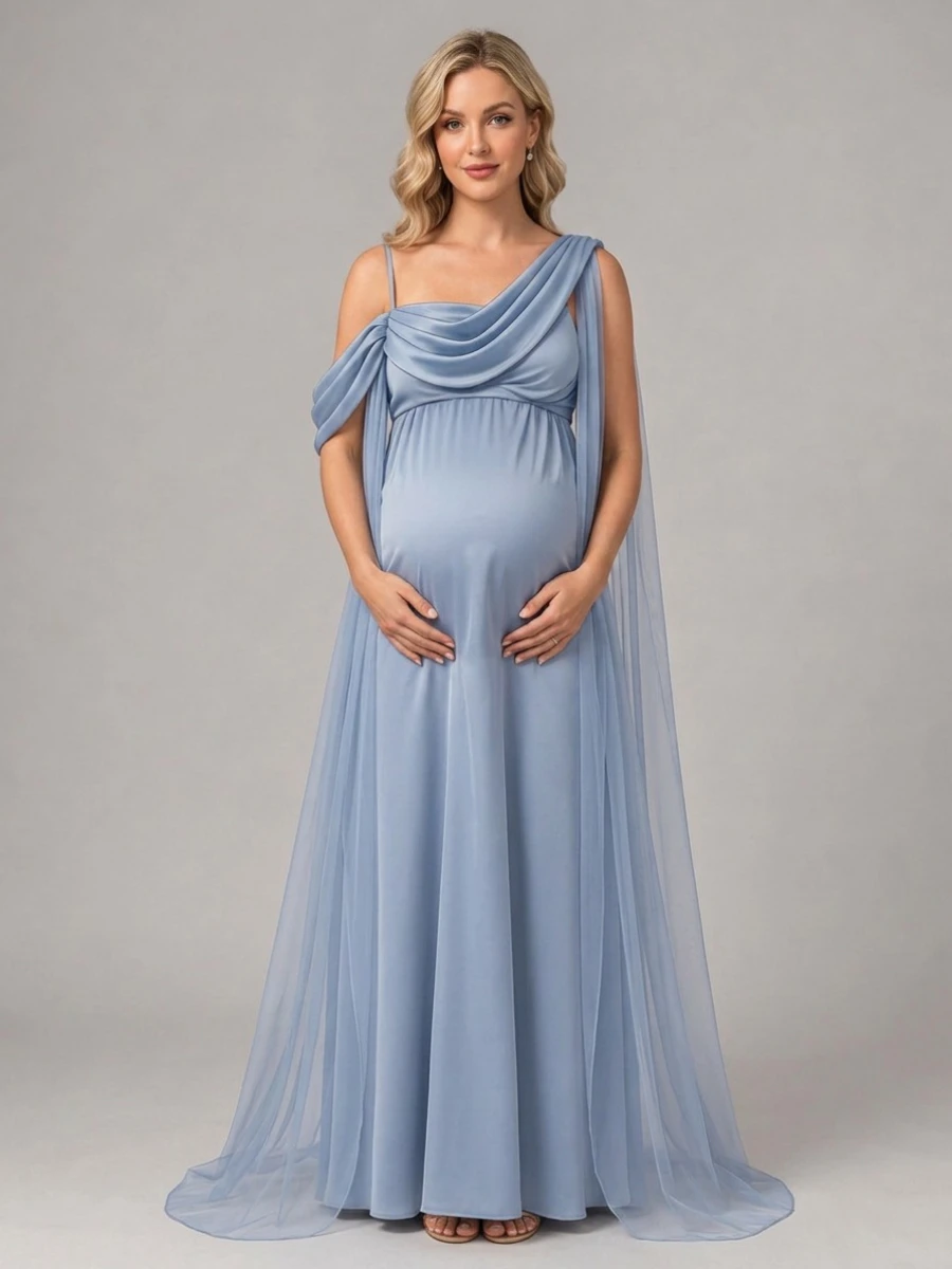 Blue One-Shoulder Maternity Baby Shower Dress with Sheer Cape L-26919