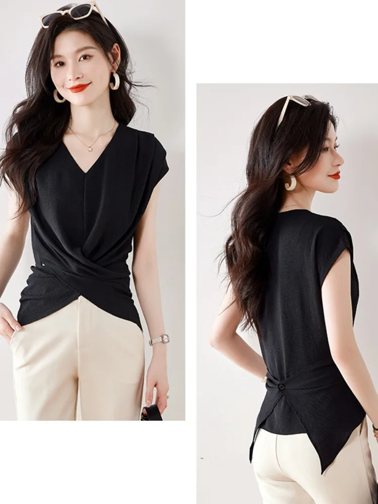 Summer Women's Chiffon Short Sleeve Shirt Cross V Neck Slim Fit Sexy Tops