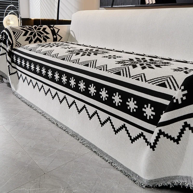 Chenille Sofa Throw Reversible Full Coverage Sofa Blanket with Tassel Four Seasons Universal Geometric Yarn-dyed Sofa Cover