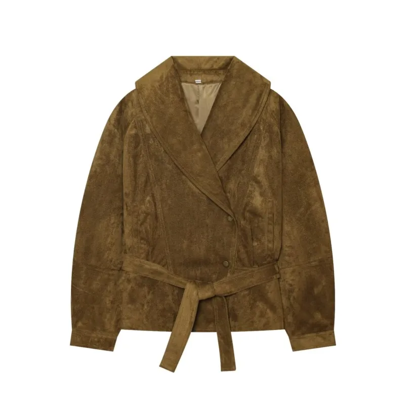 HipSeam Women's Faux Suede Jacket With Belt New 2026 Lapel Collar Pocket Woman Winter Jackets Chic Female Coats