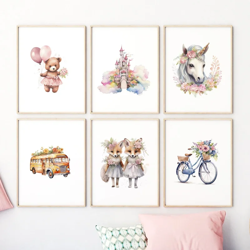 Ballerina Girls Unicorn Castle Woodland Fox Twins Nursery Wall Art Canvas Painting Prints Printable Poster Baby Kids Room Decor