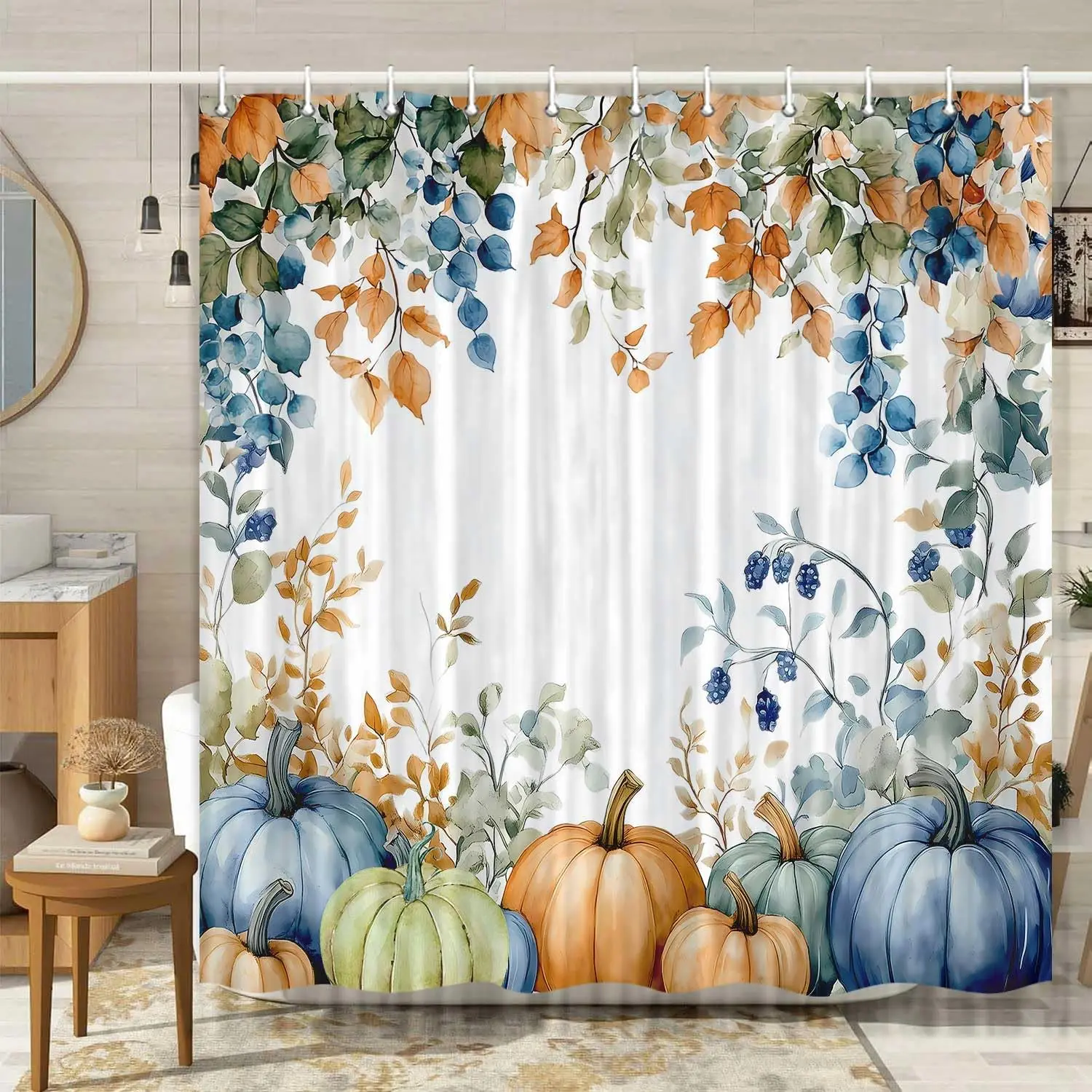 Fall Shower Curtain, Fall Thanksgiving Harvest Watercolor Floral Pumpkin Shower Curtains Home Bathtub Decor Waterproof Fabric Machine Washable with 12 Hooks, 72