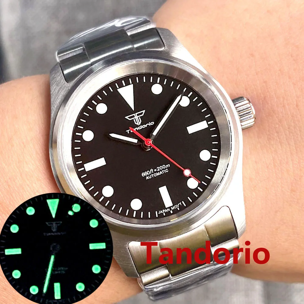 

Tandorio 36mm Black Dial Red Hand Sapphire Glass 200M Waterproof NH35A Automatic Pilot Aviator Diver Men Watch Leather Luminous