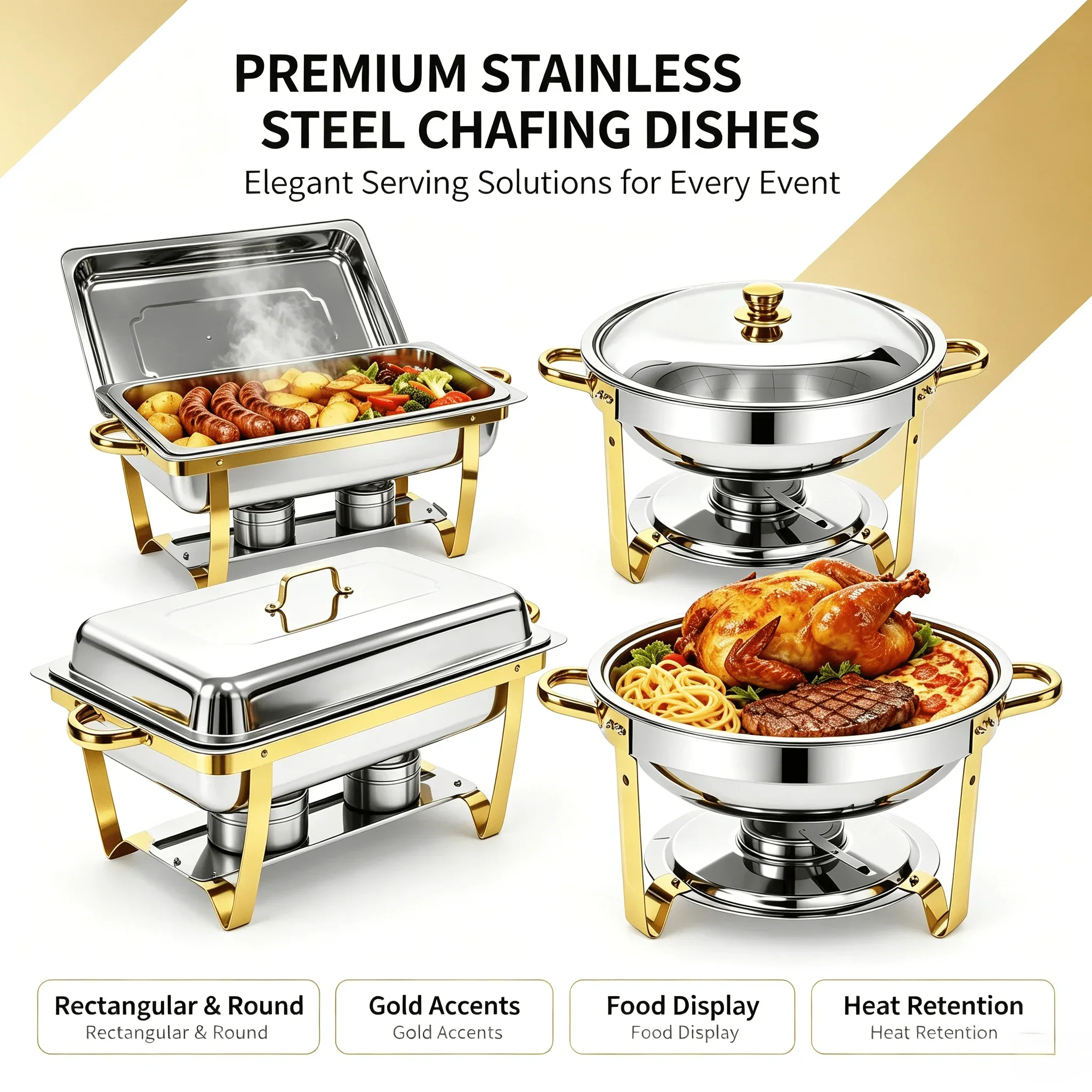 Chafing Dishes for Buffet, 4 Pack Gold Stainless Steel Chafing Dish Sets, Food Warmers for Parties Buffet, Complete Buffet Servers and Warmers to Keep Food Warm