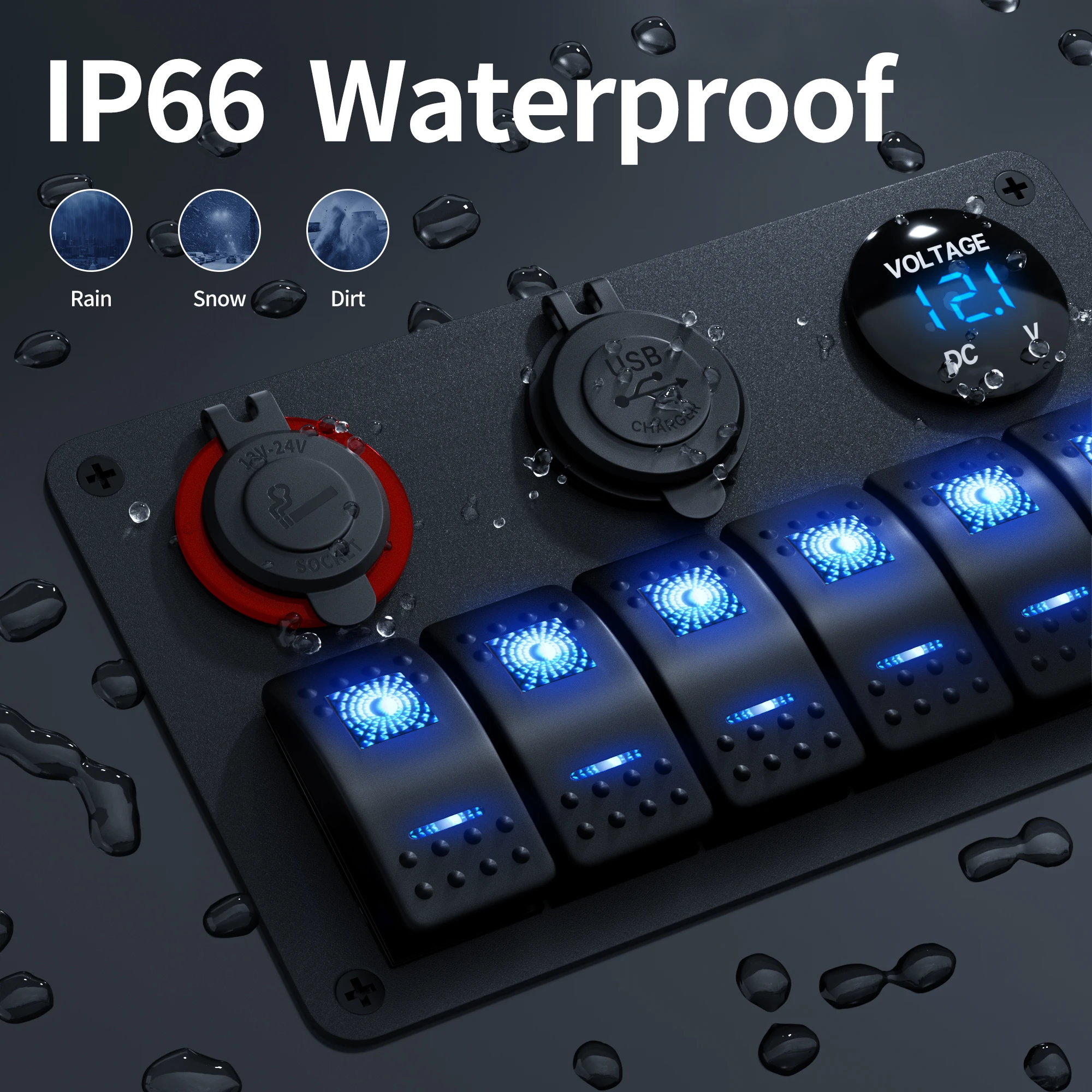 6 عصابة البحرية لوحة التبديل قارب لوحة التبديل مقاوم للماء 12 فولت لوحة مفتاح متأرجح LED مضاءة مع USB مقبس السجائر الفولتميتر #4
