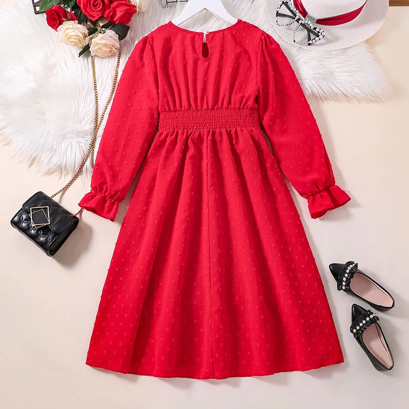 Kids Dresses For Girls Long Sleeved Red Casual Fashion For 8-12Ys Kids Outfit New Year Birthday Party Ball Gown Children Dress