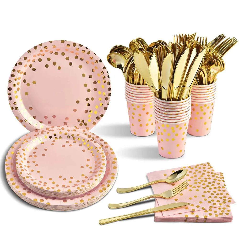 

175Pcs Golden Dots Disposable Tableware Set Party Table Decoration Paper Cup Plate Straw Wedding Birthday Party Supplies