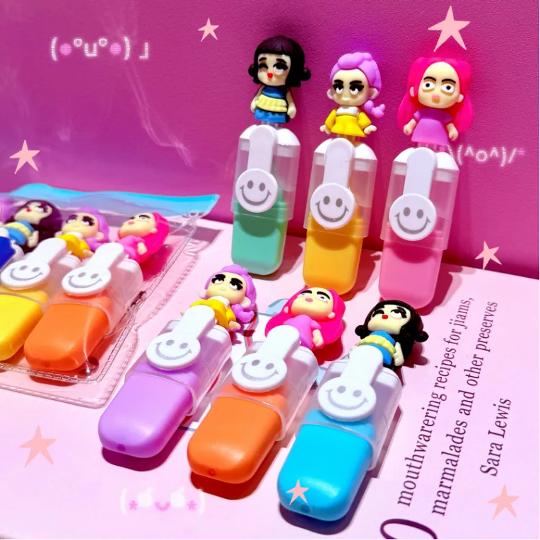 6pc/set Y2K Demon Hunters Pen Cartoon Character Doll Bagged Mini Highlighter Pen Student Learning Supplies Children's Toys Gift