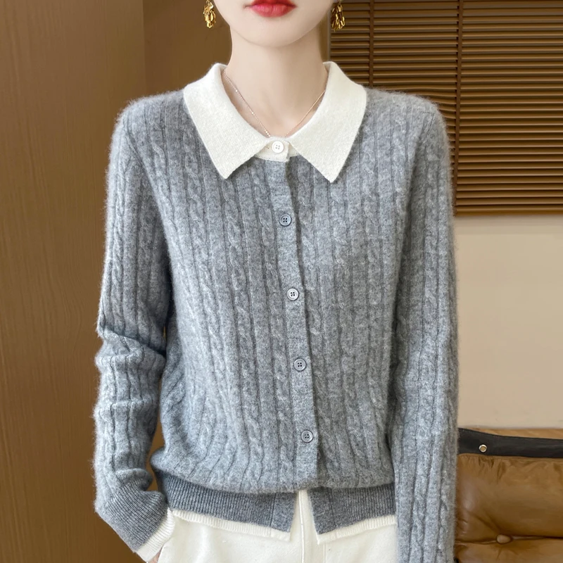 Autumn and winter new fashion fake two cardigan women\'s Polo neck trend color matching sweater 100% pure wool coat.