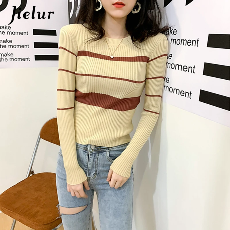 Fall Winter Spell Color Striped Sweater Apricot Black Short Top Girls Lady Skinny Bottoming Shirt Fashion O-neck Knitwear S-L