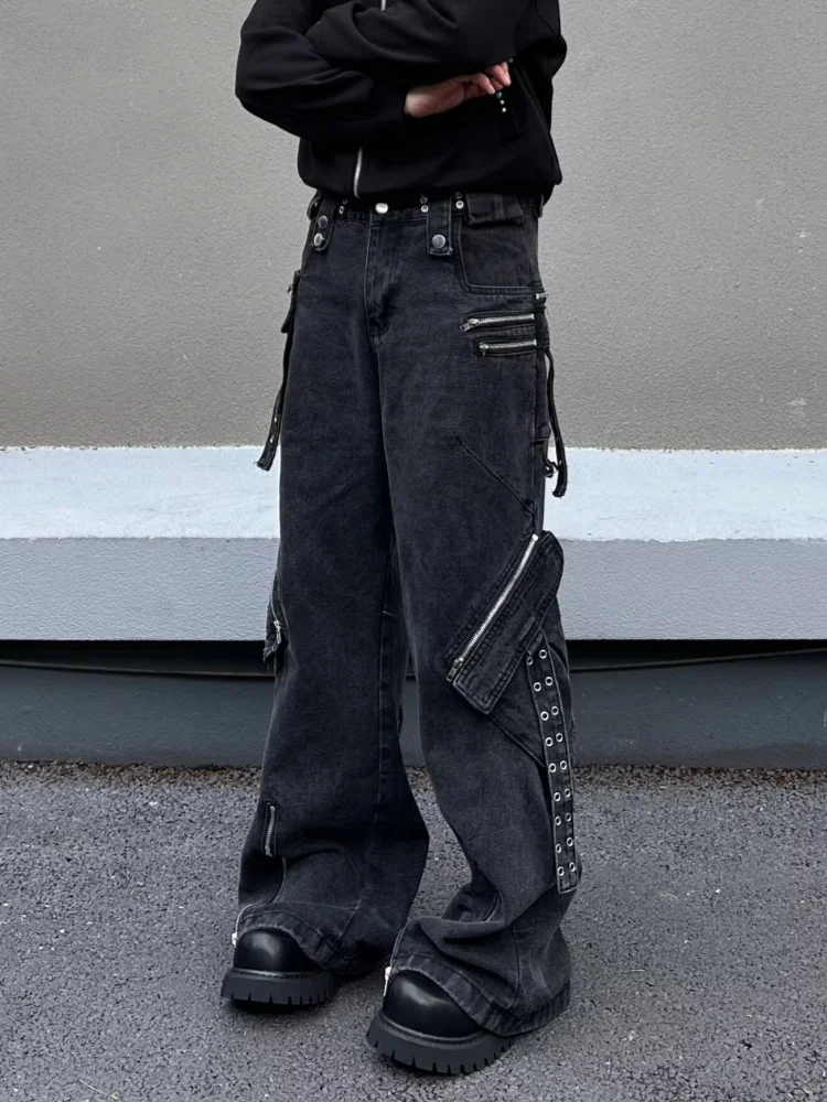 2025 Ropa Y2K الجرونج غسلها الأسود سستة تصميم فضفاض البضائع الجينز السراويل للرجال ملابس الشارع الشهير السراويل الطويلة Pantalon Hombre