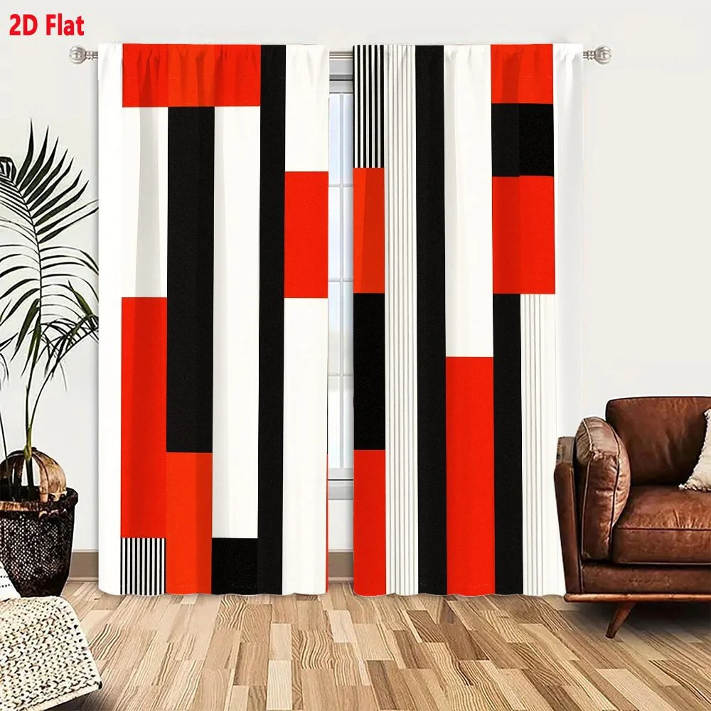 2Pcs Curtains 2D Flat Abstract Geometric Artwork Bold Colors Red Black White Striped Elements Dynamic Modernist Composition Mini