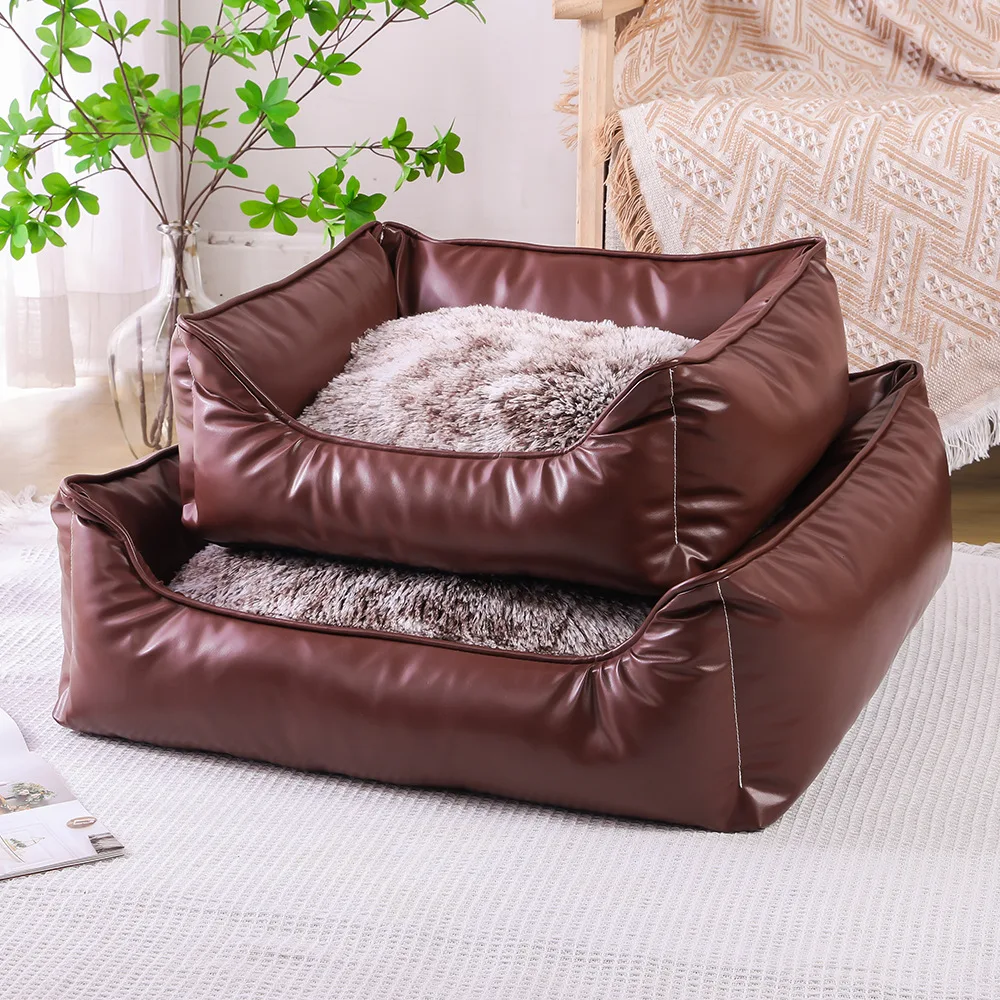 

New Top Rated Faux Leather Square Dog Bed, Thick Plush Fabric Inner Cushion, Deep Sleep Warm Cozy Pet Nest for Small Large Dogs
