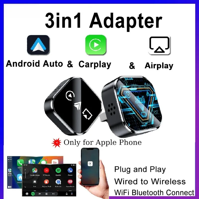 

Новый беспроводной адаптер Carplay 2026 для Apple/Android Auto/Airplay, умный мини-бокс 3-в-1 AI Box, автомобильный USB-адаптер, Plug and Play, автоматическое подключение