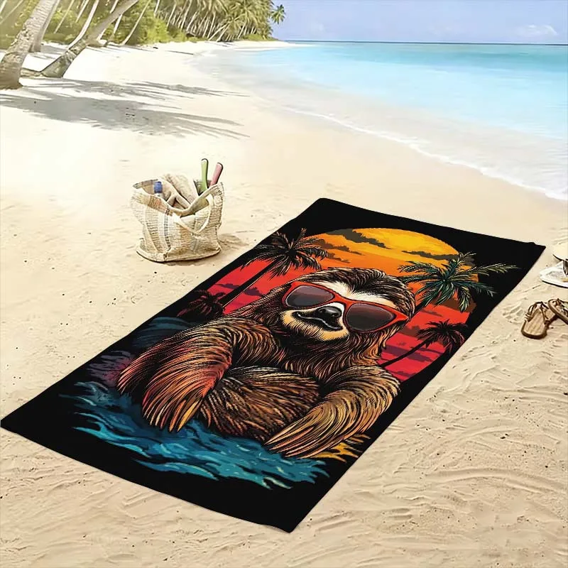 Funny Sloth Tropical Sunset Beach Towel Pool Fabric Summer Vacation Nap Aesthetic Jungle Vibes Cute Hawaii Gift