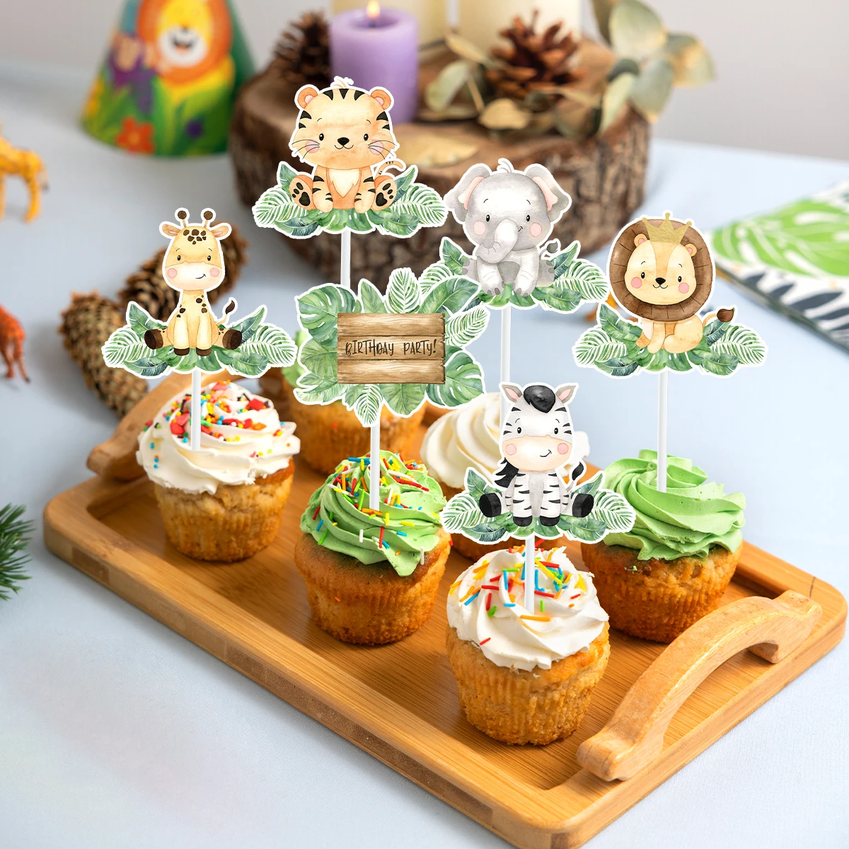 Imagem -03 - Safari Birthday Cake Topper Wild Animal Papel Cupcake Toppers Wild One Jungle Birthday Party Decoração Crianças Meninos Baby Shower